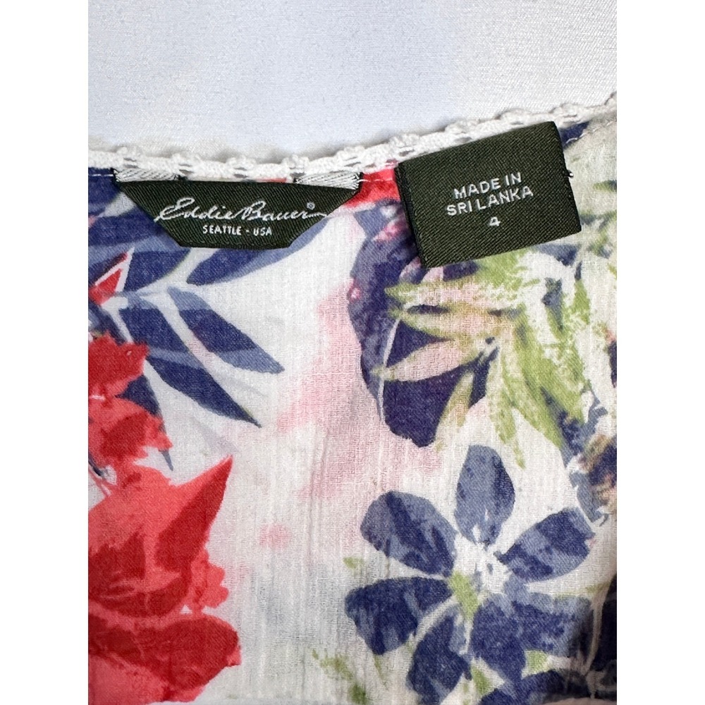 EDDIE BAUER Size 4 Floral Cotton Sun Dress White Tropical Sleeveless V-Neck Cute - Picture 5 of 9